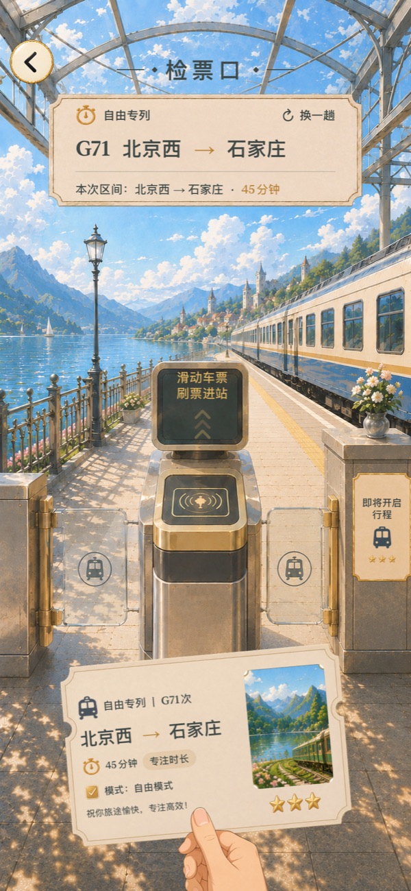 专注列车 — 出发 · 检票进站